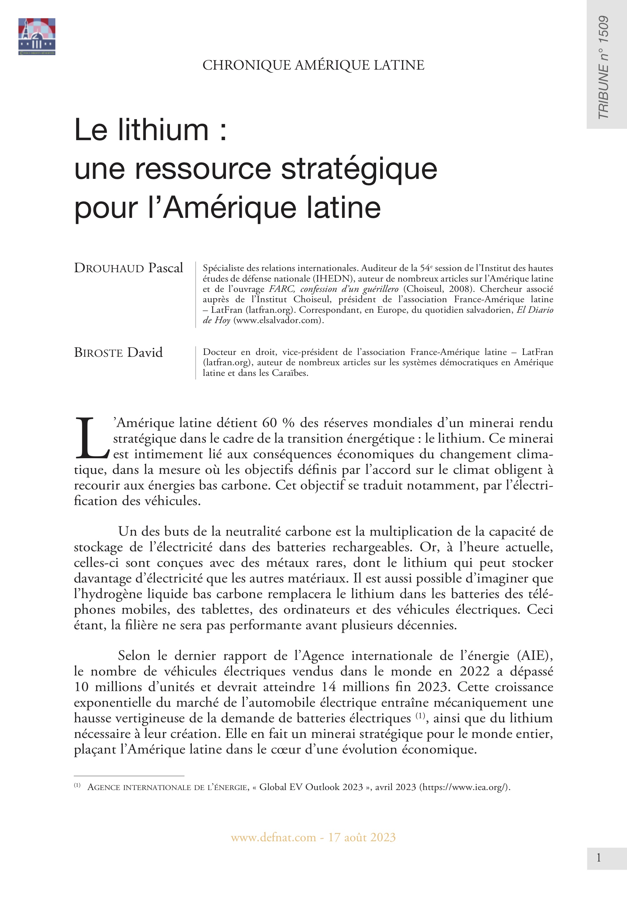 Chronique Amérique latine – Le lithium : une ressource stratégique pour l’Amérique latine (T 1509)
